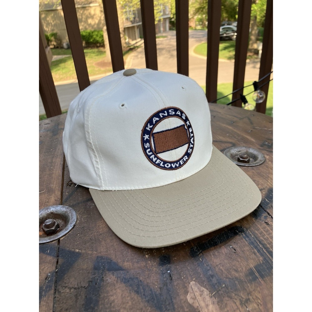 Kansas Sunflower State Strapback Hat White Tan Embroidered Patch Cap